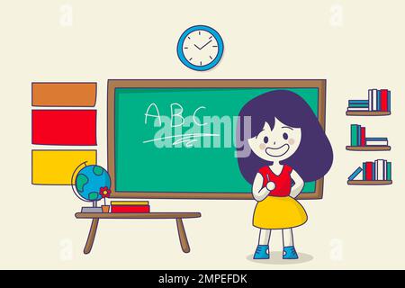 Teacher teaching ABC in classroom, vector cartoon Stock Vector