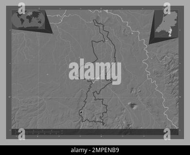 Limburg, province of Netherlands. Bilevel elevation map with lakes and rivers. Corner auxiliary location maps Stock Photo