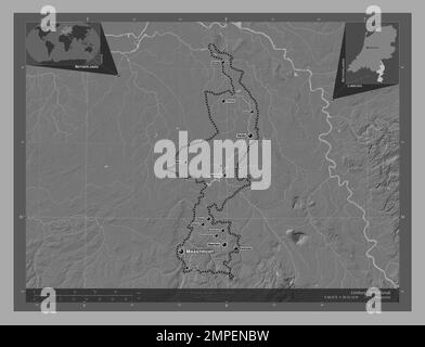 Limburg, province of Netherlands. Bilevel elevation map with lakes and rivers. Locations and names of major cities of the region. Corner auxiliary loc Stock Photo