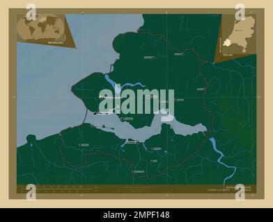 Zeeland, province of Netherlands. Colored elevation map with lakes and rivers. Locations and names of major cities of the region. Corner auxiliary loc Stock Photo