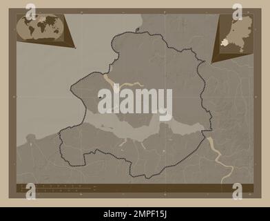 Zeeland, province of Netherlands. Elevation map colored in sepia tones with lakes and rivers. Corner auxiliary location maps Stock Photo