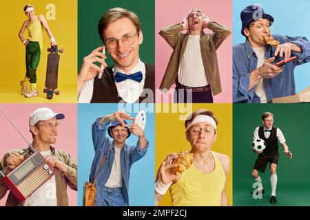 Collage. Young emotive man in different clothes, showing various emotions over multicolored background Stock Photo