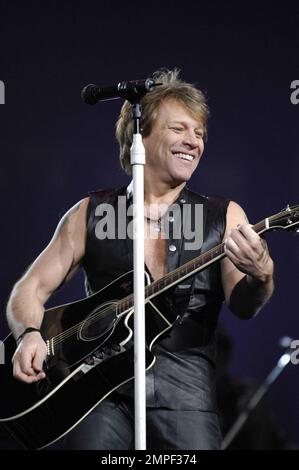 Wearing leather pants and a black vest Jon Bon Jovi, who recently celebrated his 49th birthday, performs the first of two shows with Bon Jovi at the United Center. Chicago, IL. 03/08/11. Stock Photo