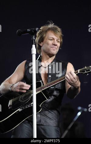 Wearing leather pants and a black vest Jon Bon Jovi, who recently celebrated his 49th birthday, performs the first of two shows with Bon Jovi at the United Center. Chicago, IL. 03/08/11. Stock Photo