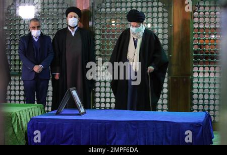 Iran's Supreme Leader Ayatollah Ali Khmenei (R) visits grave of late Iranian cleric and former President Akbar Hashemi Rafsanjani at the tomb of the late founder of the Islamic Republic, Ayatollah Ruhollah Khomeini on January 31, 2023. Photo by Parspix/ABACAPRESS.COM Stock Photo