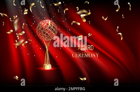 Golden trophy, gold cup award. Realistic vector illustration isolated on the background of red curtains Stock Vector