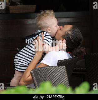 Former number one professional tennis player Boris Becker and his wife  Sharlely 'Lilly' Kerssenberg Becker enjoy a relaxing lunch at their luxury  hotel with friends and their baby son Amadeus Benedict Edley