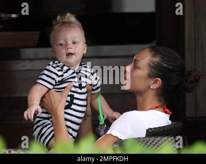 Former number one professional tennis player Boris Becker and his wife  Sharlely 'Lilly' Kerssenberg Becker enjoy a relaxing lunch at their luxury  hotel with friends and their baby son Amadeus Benedict Edley