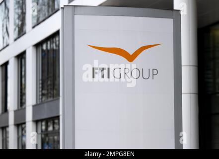 Munich, Germany. 31st Jan, 2023. The logo of the tour operator FTI (FTI Group) is in front of the company headquarters. Credit: Sven Hoppe/dpa/Alamy Live News Stock Photo