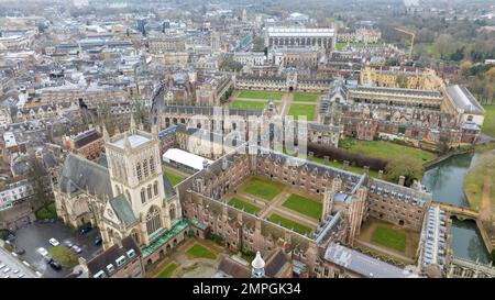 Picture dated January 26th 2023 shows an aerial view of St John’s College (foreground) and King’s College Chapel at Cambridge University. Stock Photo