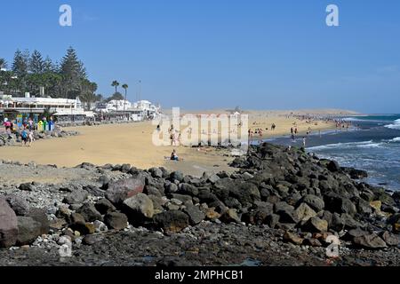 Maspalomas beach front, looking east toward direction of sand dunes from Maspalomas lighthouse, Gran Canaria Stock Photo