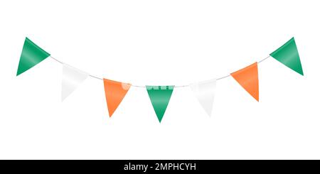 Garland with flags to decorate the holiday. Decor from colorful triangular flags on a rope. Festive decor. Vector illustration. Stock Vector