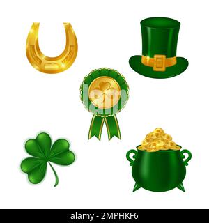Set of designs for St. Patrick's Day. Leprechaun hat. shamrock, horseshoe, pot of gold, ribbon award. Icon set. Vector illustration. Stock Vector