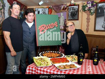 Planet Hollywood shareholder Sylvester Stallone, Charlie Sheen and Danny Devito attend an event celebrating Planet Hollywood's purchase of the Buca di Beppo chain of Italian eateries. The event also celebrated the the opening of the Buca de Beppo restaurant at Universal CityWalk in Hollywood. Buca di Beppo will now be serving Danny DeVito's new Premium Limoncello liqueur, with a portion of the proceeds from Limoncello sales going to benefit The Heart Association. Los Angeles, CA. 1/28/09. Stock Photo