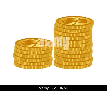 Stack of golden coins with clover isolated on white. Gold with shamrock. Vector illustration. Stock Vector