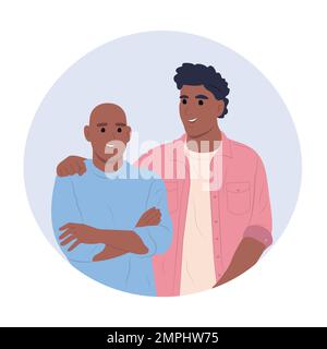 International Childhood Cancer day.February 15. Friend African American man hugs a child with cancer. Health care concept. Children with cancer Stock Vector
