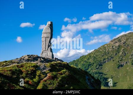 The stone monument of the Simplon Eagle on top of the mountain pass Simplon Pass, designed by the Bernese architect Erwin Friedrich Baumann. Stock Photo