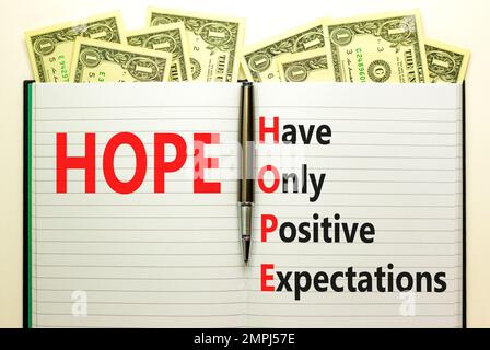 HOPE have only positive expectations symbol. Concept words HOPE have only positive expectations on white note on beautiful white background. Business Stock Photo