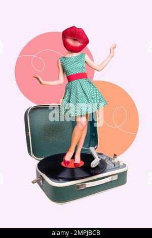 Vertical creative photo 3d collage poster picture artwork of pretty lady stand turning vinyl disk isolated on drawing background Stock Photo