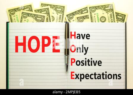 HOPE have only positive expectations symbol. Concept words HOPE have only positive expectations on white note on beautiful white background. Business Stock Photo