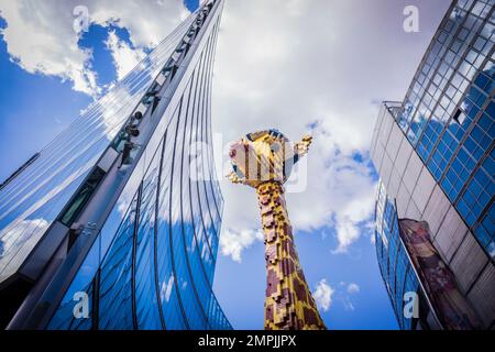 giant giraffe built with Lego pieces, Potsdamer Platz buildings, Berlin, germany, europe Stock Photo