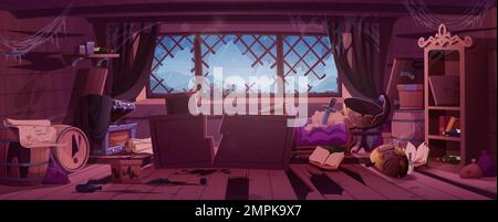 Old messy pirate ship cabin inside. Broken abandoned boat interior with dirty broken wooden furniture, empty chest, barrels, rum bottles, sea storm an Stock Vector