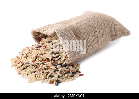 Mix of brown rice in bag isolated on white Stock Photo