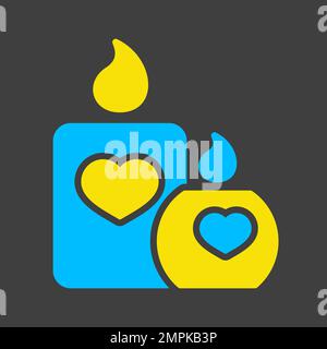 Burning candle with hearts glyph on dark background icon. Valentines day symbol. Vector illustration, romance elements. Sticker, patch, badge, card fo Stock Vector