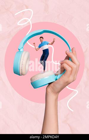 Vertical photo poster collage advertisement of young funny man wear wireless huge sony headphones high quality sound isolated on pink background Stock Photo