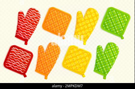 Kitchen mittens and potholders, fabric holders for cooking. Template of textile oven mitts and gloves with polka, striped, wavy and spiral pattern, ve Stock Vector