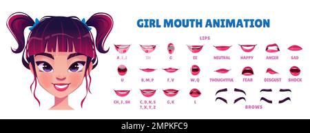 Asian girl mouth animation, pronunciation sync set. Child lips and brows movement in speech, mouth poses with different english phoneme and different Stock Vector