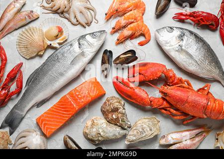 Fresh fish and seafood on marble table, flat lay Stock Photo