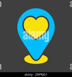 Map pointer with heart glyph on dark background icon. Valentine day symbol. Vector illustration, romance elements. Sticker, patch, badge, card for mar Stock Vector