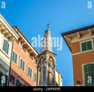 ancient gothic votive shrine depicting the Madonna and Saints in Piazza Brà, Verona city, Veneto region - Europe Stock Photo