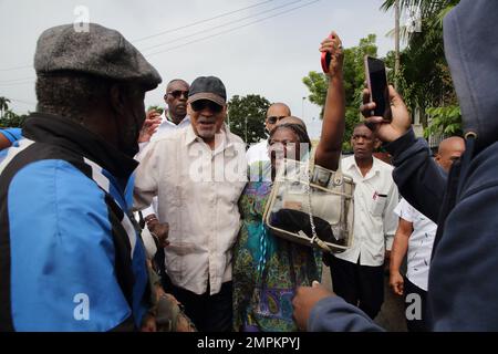 The Surinamese former army leader and ex-president Desi Bouterse leaves the court after hearing the sentence demanded by acting Attorney General Carmen Rasam, who today demanded 20 years unconditional and imprisonment for his involvement in the murder of fifteen political opponents in December 1982. ANP RANU ABHELAKH netherlands out - belgium out Stock Photo