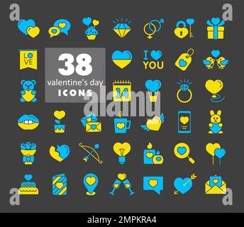 Valentine day set glyph on dark background icons. Vector illustration, romance elements. Sticker, badge. Card for marriage and wedding Stock Vector