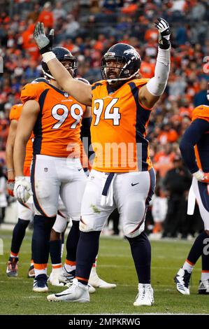 Denver Broncos nose tackle Domata Peko (94) calls for crowd