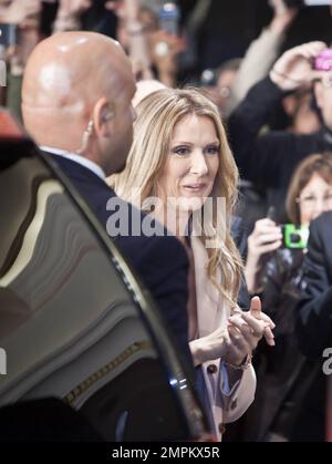 Four months after giving birth to twins, superstar Celine Dion returns to Caesars Palace to begin rehearsals for her new show at The Colosseum. Accompanied by husband Rene Angelil, son Rene-Charles, and her new twins Eddy and Nelson, Dion was all smiles during the event and looked thrilled to be back and surrounded by her beautiful family. Las Vegas, NV. 2/16/11. Stock Photo