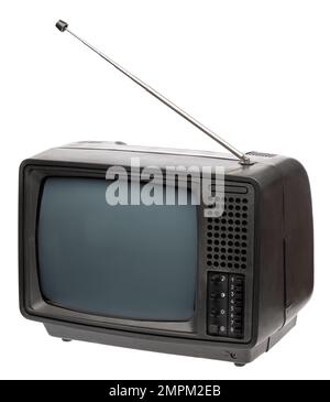 Vintage portable black and white CRT TV receiver isolated on white background. Retro technology concept Stock Photo