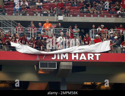 Former Arizona Cardinals player Jim Hart is inducted into the Cardinals Ring  of Honor at half time of an NFL football game against the Los Angeles Rams,  Sunday, Dec. 3, 2017, in