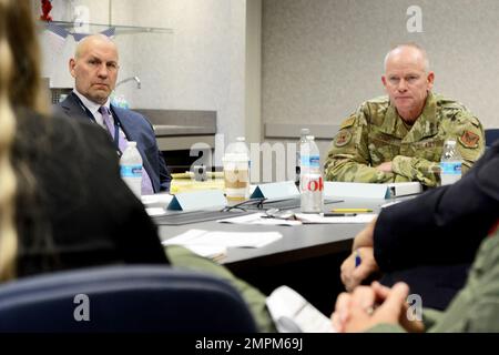 FORT WORTH, TEXAS (Nov. 03, 2022) – F-35 Joint Program Executive Officer Lt. Gen. Michael S Schmidt listens to input from around the table during a Defense Contracts Management Agency F-35 briefing in Fort Worth, Texas, Nov. 03, 2022. The F-35 Joint Program Office is the Department of Defense's focal point for the 5th generation strike aircraft for the Navy, Air Force, Marines, and our allies. The F-35 is the premier multi-mission, 5th-generation weapon system. Its ability to collect, analyze and share data is a force multiplier that enhances all assets in the battle-space: with stealth techno Stock Photo