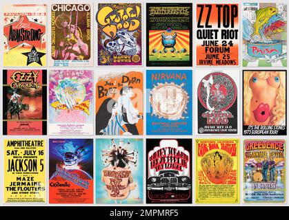 Collection of old real rock, pop and jazz music concert posters, collection of authentic vintage music designs Stock Photo