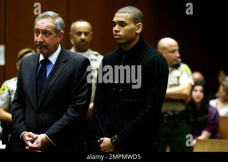 A subdued Chris Brown pleaded not guilty today to felony charges during a brief court appearance of assaulting and threatening to kill popstar girlfriend Rihanna in February.  Accompanied by his mother and four bodyguards, the 19 year old singer arrived at the Clara Shortridge Foltz Criminal Justice Center and was escorted inside surrounded by sherriffs deputies.  After hearing the counts against him 'assault with force likely to produce great bodily injury and making criminal threats' and being asked for his plea by Los Angeles Superior Court Judge Patricia Schnegg, Brown pleaded 'not guilty, Stock Photo
