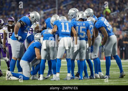 Detroit Lions offense huddles up against the Miami Dolphins during an NFL football  game, Sunday, Oct. 30, 2022, in Detroit. (AP Photo/Rick Osentoski Stock  Photo - Alamy