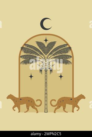Boho mystical vector poster with cheetah wild cat. Elements in trendy bohemian design, Stock Vector