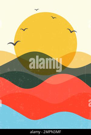 Retro sun boho minimalist printable wall art. Geometric abstract sunset print Stock Vector