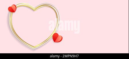 Valentines Day background with golden heart frame. Design for Happy Valentine's Day or wedding card with vector red paper hearts and golden love frame Stock Vector