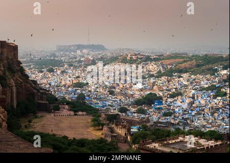 Top view of Jodhpur city from Mehrangarh fort, Rajasthan, India.Blue city, since Hindu Brahmins worshipping Lord Shiva paint their own houses blue. Stock Photo