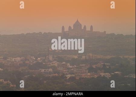 Top view of Jodhpur city from Mehrangarh fort, Rajasthan, India.Blue city, since Hindu Brahmins worshipping Lord Shiva paint their own houses blue. Stock Photo