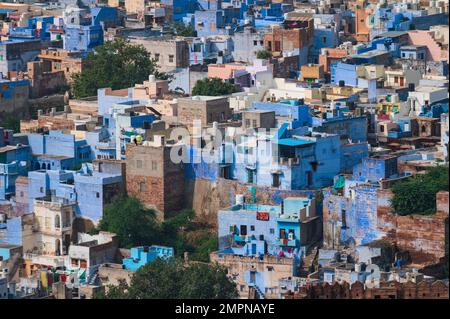 Top view of Jodhpur city from Mehrangarh fort, Rajasthan, India.Blue city, since Hindu Brahmins worshipping Lord Shiva paint their own houses blue. Stock Photo